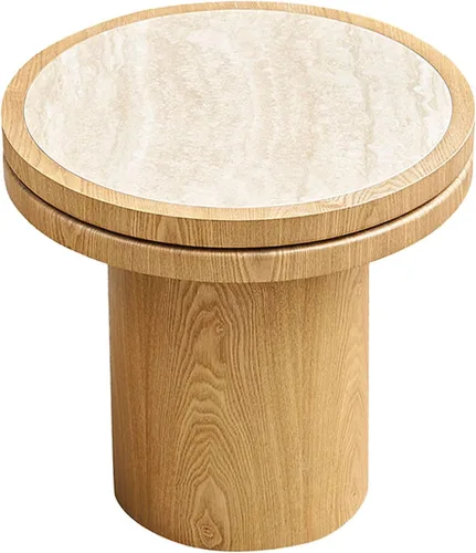 Vista 5 de Mesa auxiliar redonda de 19.49 pulgadas para sala de estar, mesa auxiliar redonda de MDF con mesa de piedra sinterizada, mesa auxiliar pequeña