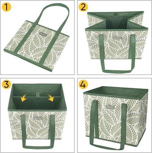 Vista 7 de BALEINE 1 paquete de bolsas reutilizables para comestibles, bolsas de compras plegables para comestibles con parte inferior reforzada y asas Follaje