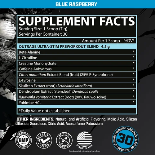 Vista 3 de Outrage Ultra HIGH STIM - Polvo de preentrenamiento para hombres, 400 mg de cafeína, L-citrulina, beta-alanina, creatina, energía extrema, enfoque