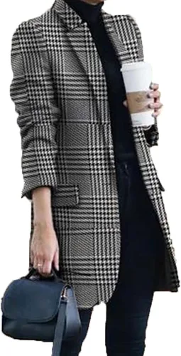 Vista 2 de UODSVP Abrigos de invierno para mujer, estampado de moda, casual, cuello a cuadros, abrigo suelto de tweed