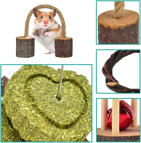 Vista 5 de ERKOON Paquete de 12 juguetes para masticar hámster, rata, cobaya, chinchilla, accesorios para masticar, mancuernas de madera natural, rodillo