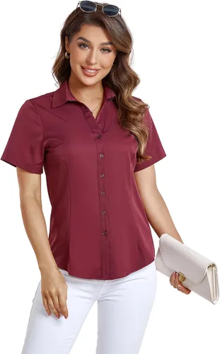 Vista 2 de Camisas de manga corta con botones para mujer, ajuste holgado, casual, formal, elástica, para verano