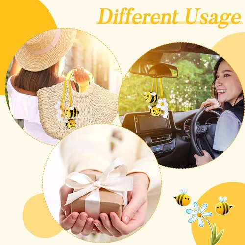 Vista 5 de 4 piezas de lindos accesorios para espejo retrovisor de abeja y flor, decoración de coche de ganchillo, accesorios para espejo de coche tejidos a