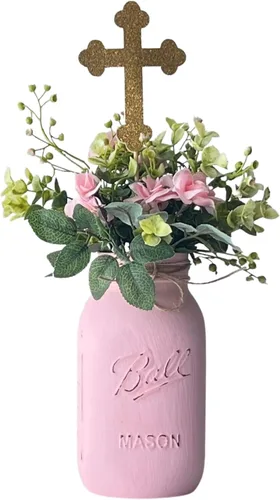 Vista 4 de Centros de mesa de primera comunión para niñas Cuarto de galón de 32 onzas, 12 pulgadas en total, juego de 5 Tarro rosa + flores sintéticas +