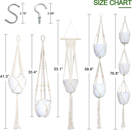 Vista 2 de IGaiety Colgador de macramé para plantas, 5 piezas de soportes colgantes para plantas para interiores y exteriores, colgadores de plantas hechos a