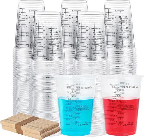 Vista 10 de Vasos medidores de plástico con varillas de mezcla, taza transparente de 8 onzas, paquete de 50 Tazas medidoras desechables con palos, mezcla