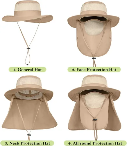 Vista 3 de Sombrero de pesca de ala ancha para hombre, 2 piezas, protección solar UPF 50+, extraíble, solapa para cara y cuello