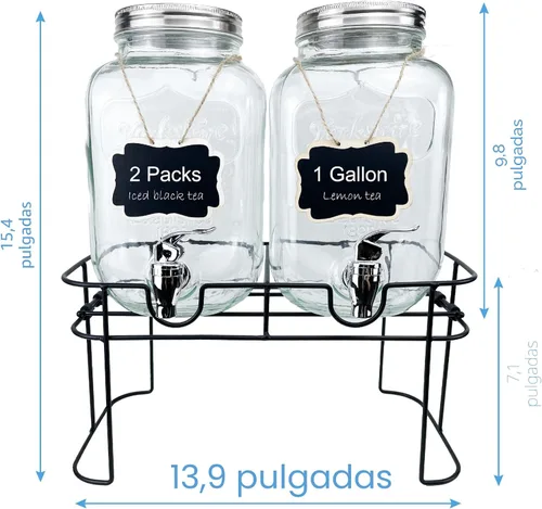 Vista 2 de Despachador de bebidas de vidrio de 1 galón para fiestas, paquete de 2, dispensador de jugo, limonada, té helado y agua con soporte, dispensadores