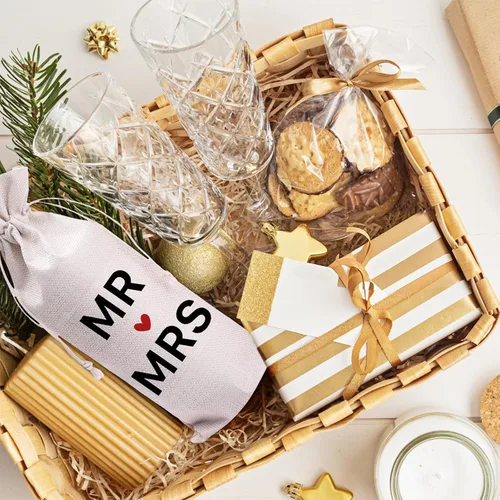 Vista 2 de Wedding Wine Bag for Mr & Mrs 2026 Reusable Champagne Bottle Holder, Anniversary & Bridal Shower Gift, Elegant Keepsake for Couples