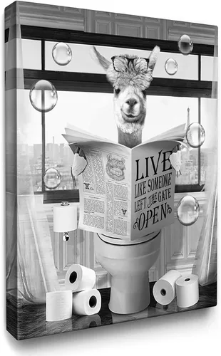 Vista 13 de Luslya Divertido arte de pared de alpaca para baño, linda alpaca sentada en el inodoro, lectura de periódicos, póster enmarcado en blanco y negro