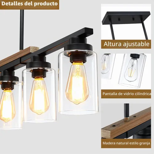 Vista 5 de Lámpara de comedor sobre mesa, iluminación de isla de cocina de 4 luces, modernos candelabros de madera para comedor con altura ajustable, luces