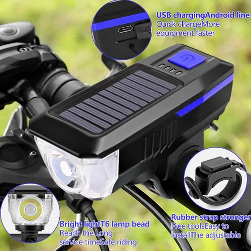 Vista 2 de Faro de bocina de bicicleta solar / USB de doble carga para bicicleta, luz de bocina de bicicleta de alto brillo, impermeable, luz de bocina