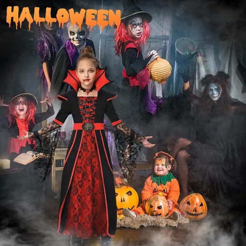 Vista 6 de Disfraz de vampiro de Halloween para niñas, disfraz real, vestido de reina medieval noble de Halloween