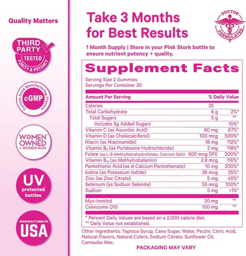 Vista 6 de Pink Stork Gomitas de fertilidad prémium Suplementos de fertilidad para mujeres con CoQ10, mio-inositol + vitaminas prenatales Apoyo a