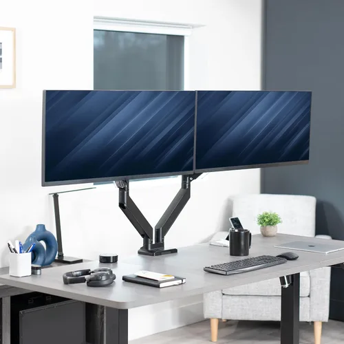 Vista 2 de VIVO Brazos resistentes de aluminio de alta calidad, se adapta a 2 monitores ultraanchos de hasta 38 pulgadas, soporte de escritorio para monitor
