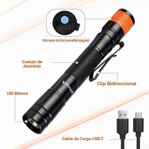 Vista 4 de KunHe Linterna LED recargable portátil de 180 lúmenes, paquete de 10 unidades, luz de bolsillo impermeable, modo único, fácil de usar con clip