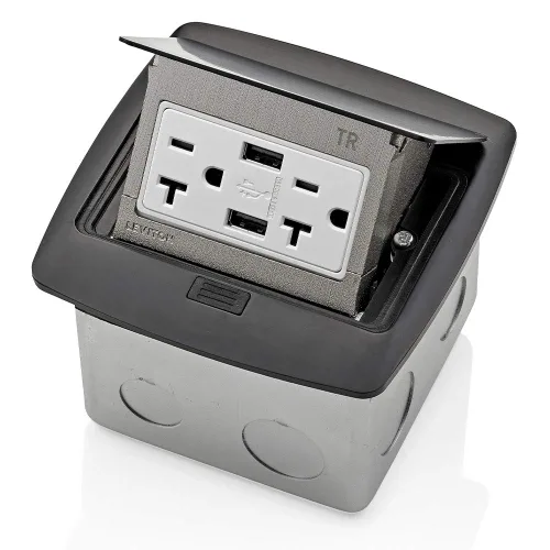 Vista 24 de Leviton Caja de suelo emergente con salida de 15 A, salida GFCI de autoprueba resistente a manipulaciones, PFGF1-MB, color negro