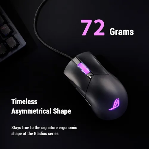 Vista 2 de ASUS ROG Gladius III Core Ratón para juegos con cable – Ergonómico para diestros, 72g, 12K DPI, ROG Paracord, enchufes de interruptor de ajuste a