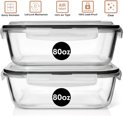 Vista 8 de Razab Juego de 2 recipientes de vidrio para almacenamiento de alimentos de 80 onzas, con tapas herméticas de bloqueo para almacenar y servir