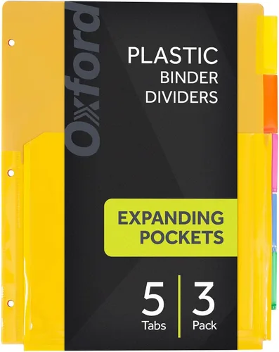Vista 7 de Oxford Separadores de carpetas de plástico expandibles, funciona con carpeta de 3 anillas, bolsillos frontales flexibles, 5 pestañas, plástico