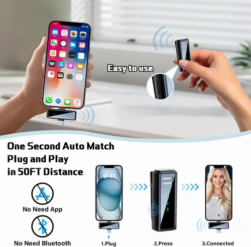 Vista 2 de Micrófono Lavalier inalámbrico con cancelación de ruido, 6 horas de batería, mini micrófono inalámbrico para iPhone, Android, entrevista