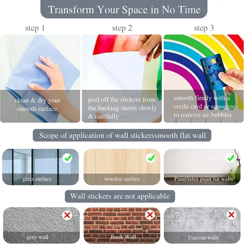 Vista 7 de Calcomanías de pared de arcoíris grandes de acuarela de 70.8 x 33.9 pulgadas, calcomanías de pared de vinilo arcoíris con raspador para niñas