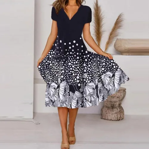 Vista 2 de ZEFOTIM Vestidos de verano para mujer 2023 de manga cortasin mangas, floral, cuello en V, vestido midi casual, a la moda, vestidos fluidos
