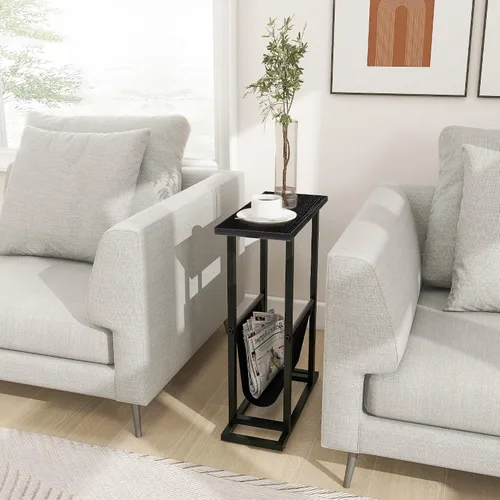 Vista 2 de FLYJOE Mesa auxiliar estrecha con revistero de piel sintética, estilo rústico, delgado, para sala de estar, dormitorio, sofá, color negro