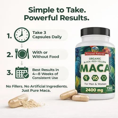 Vista 6 de Cápsulas de raíz de maca orgánica para mujeres y hombres, 2400 mg por porción, 150 píldoras, suplemento de maca negra, roja y amarilla, raíz de maca