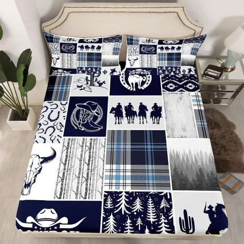 Vista 2 de Western Cowboy - Juego de sábanas para niños, tamaño individual, juego de ropa de cama rústica de herraduras, cactus y herraduras, decoración