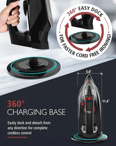 Vista 3 de OMAIGA - Plancha inalámbrica para ropa, plancha de vapor de 1500W con calentamiento rápido, suela de cerámica, apagado automático, autolimpieza