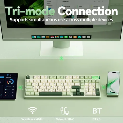Vista 3 de LEOBOG A98 - Teclado mecánico 96% inalámbrico Tri-Mode BT5.02.4GHzUSB-C, teclado cremoso con teclado numérico, estructura de junta intercambiable