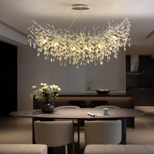 Vista 7 de Candelabro rectangular con ramas de árbol de cristal, L40 pulgadas, Mpdern de lujo cromado lineal Art Deco con forma de gota de lluvia para cocina