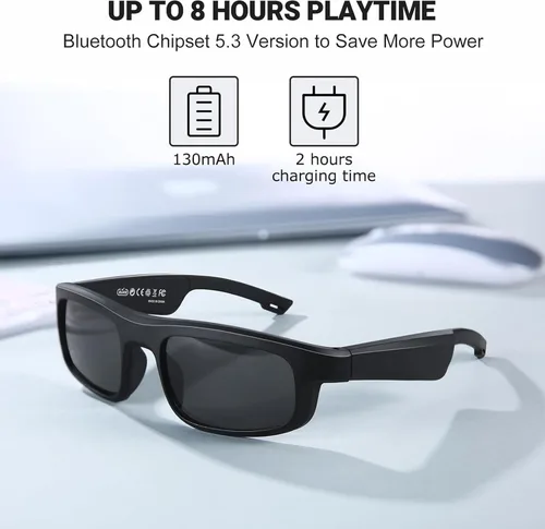Vista 2 de Lentes inteligentes, lentes de sol polarizados Bluetooth con micrófono y altavoces integrados, oreja abierta, asistente de voz, protección UV