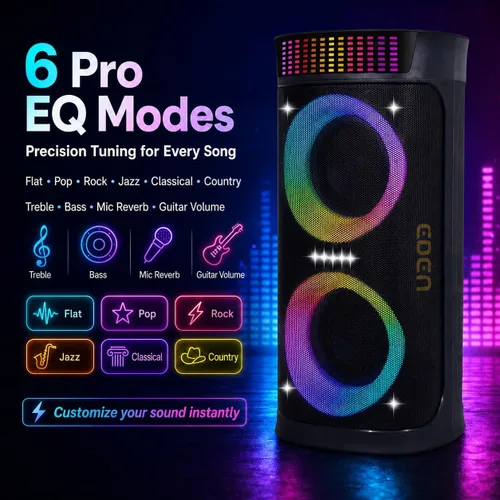 Vista 5 de Altavoz Bluetooth grande, pico de 200 W, 8 luces, 2 micrófonos TWS Stereo Pairing, 6 EQ Modes, 18-Level Bass/Treble Control, Type-C Charging for