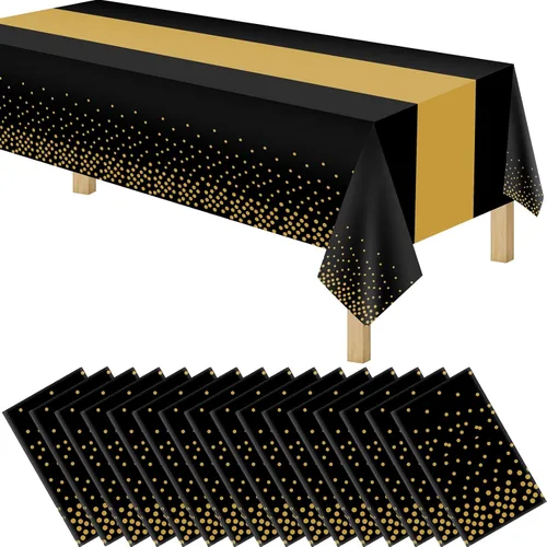 Vista 12 de Manteles de plástico desechables 2 en 1 de 54 x 108 pulgadas, mantel rectangular de cocina con lunares negros y azules, para boda, cumpleaños, baby