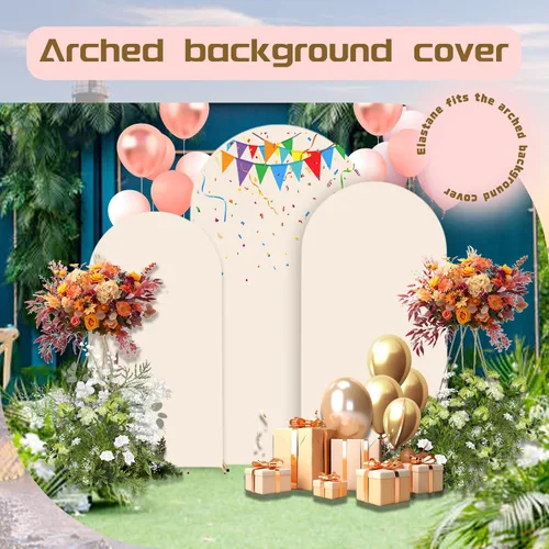 Vista 4 de Cubierta de arco beige de 6.6 pies de elastano ajustable para arco de boda, cubierta de telón de fondo para arco de Chiara superior redonda