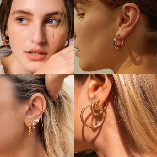 Vista 5 de Juego de 3 pares de aretes de aro gruesos de oroplata para mujer, chapados en oro de 14 quilates, delicados, hipoalergénicos, ligeros, gruesos