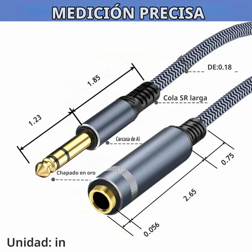 Vista 7 de Cable de guitarra estéreo de 1/4 de pulgada y 10 pies, macho a hembra, extensión de auriculares de un cuarto de pulgada Gris