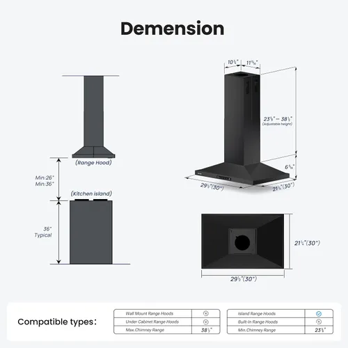 Vista 8 de Campana extractora para isla de 30 pulgadas, campana de cocina de 390 CFM con control táctil/gestual de doble cara, campana extractora de techo