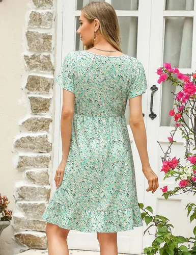 Vista 6 de Coolmee Vestido de maternidad de manga corta con volantes y cuello en V para mujer, vestido midi de verano casual fruncido fluido para baby shower