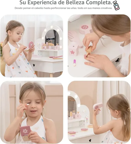 Vista 6 de Leeshyah Juego de Tocador para Niñas con Espejo de Luz de 3 Colores con Botón Táctil, Mesa de Maquillaje de Madera de Juego de Simulación con 11