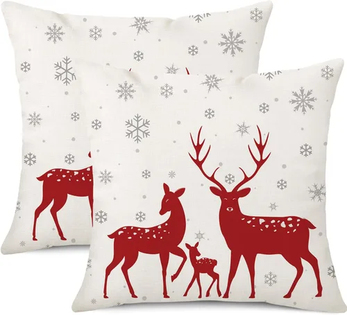Vista 5 de Juego de 2 fundas de almohada de Navidad grises de 18 x 18 pulgadas, juego de 2 fundas cuadradas decorativas de lino con copos de nieve de ciervos