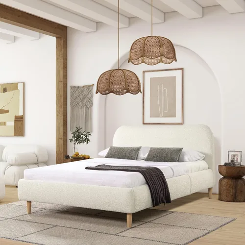 Vista 2 de Jennifer Taylor Home - Cabecero curvo romano de bouclé tapizado, marco de cama de plataforma moderna Boucle blanco marfil