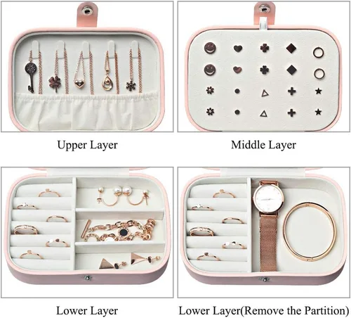 Vista 5 de DerBlue Joyero de viaje, caja de joyería pequeña, caja de joyería de viaje portátil, organizador de almacenamiento para anillos y aretes