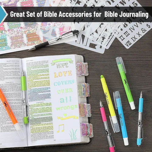 Vista 5 de Mr. Pen - Kit de diario bíblico con marcadores/resaltadores de Biblia y bolígrafos sin derrames, pestañas de Biblia, plantillas, regla, regalos