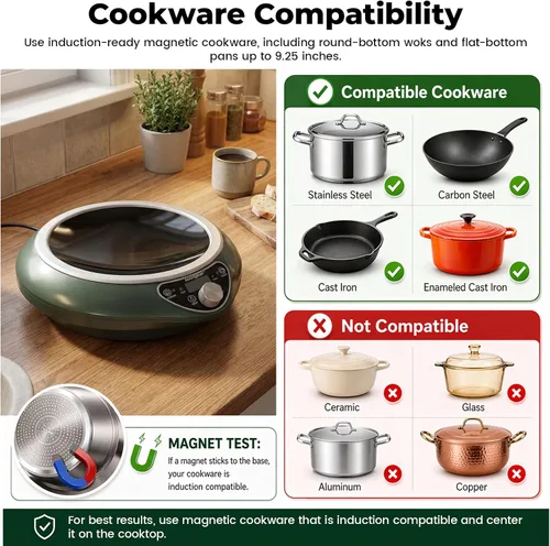 Vista 5 de Wok de inducción cóncava de 1700 W 120 V con wok de acero inoxidable, calentamiento continuo sin pulsos, 16 niveles de potencia, quemador portátil