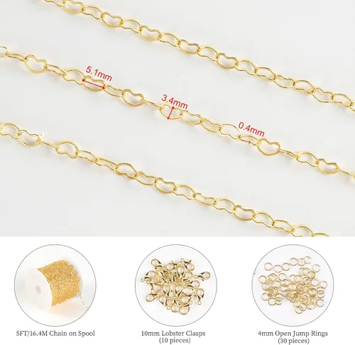 Vista 2 de KYUNHOO Cadenas de corazón chapadas en oro de 18 quilates de 16.4 ft de latón macizo a granel, cadena de collar de corazón para mujer, pulsera