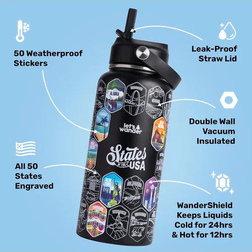 Vista 3 de LET'S WANDER Lets Wander 50 States - Botella de agua con calcomanías impermeables, acero inoxidable aislado a prueba de fugas de 32 onzas