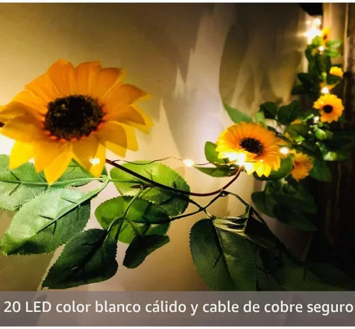 Vista 6 de Fielegen Guirnalda de 20 luces LED artificiales de girasol, vides de girasol de seda de 6.56 pies con 9 cabezas de flores, funciona
